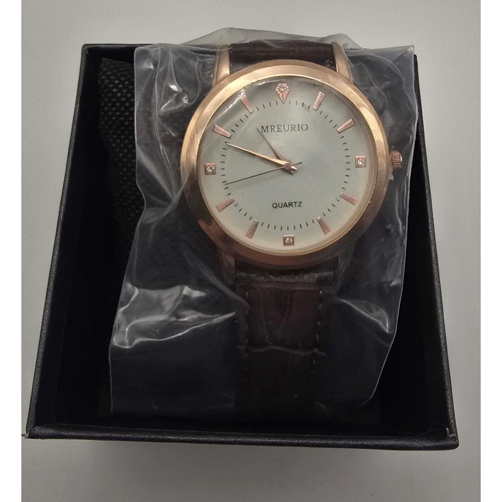 MREURIO Rose Gold Quartz Watch Brown Faux Leather Strap New in Box NWT -3418